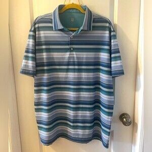 Hickey Freeman Golf Polo Shirt   Blue and Green Multi Stripe Size Large Casual